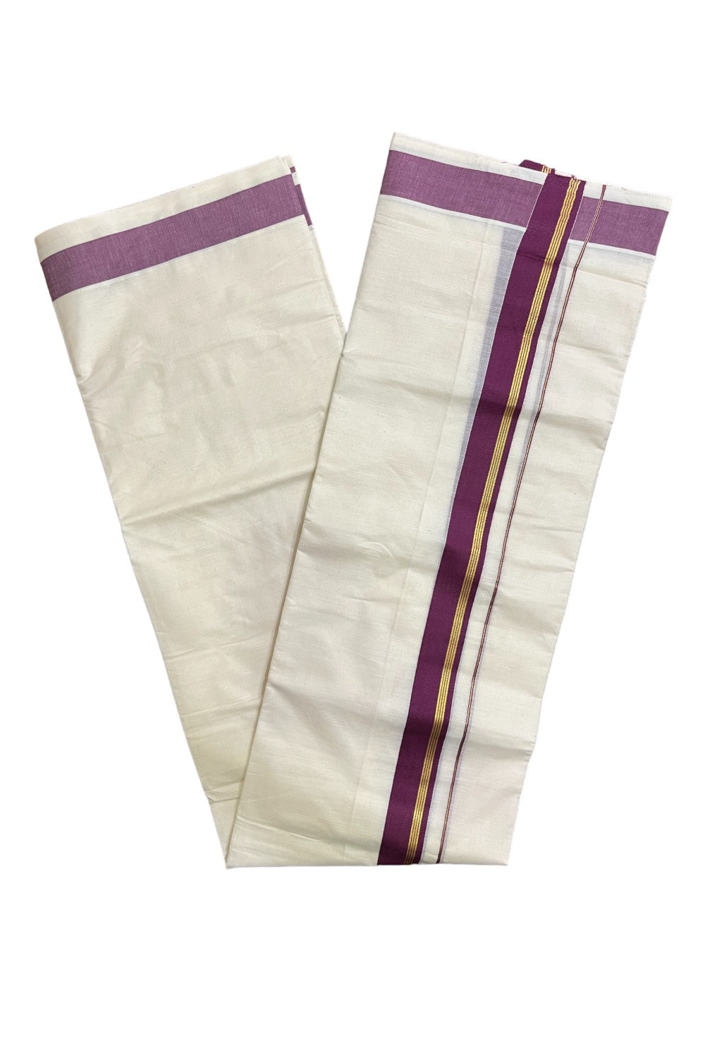 Kerala Pure Cotton Double Mundu with Purple and Kasavu Border (South Indian Kerala Dhoti)