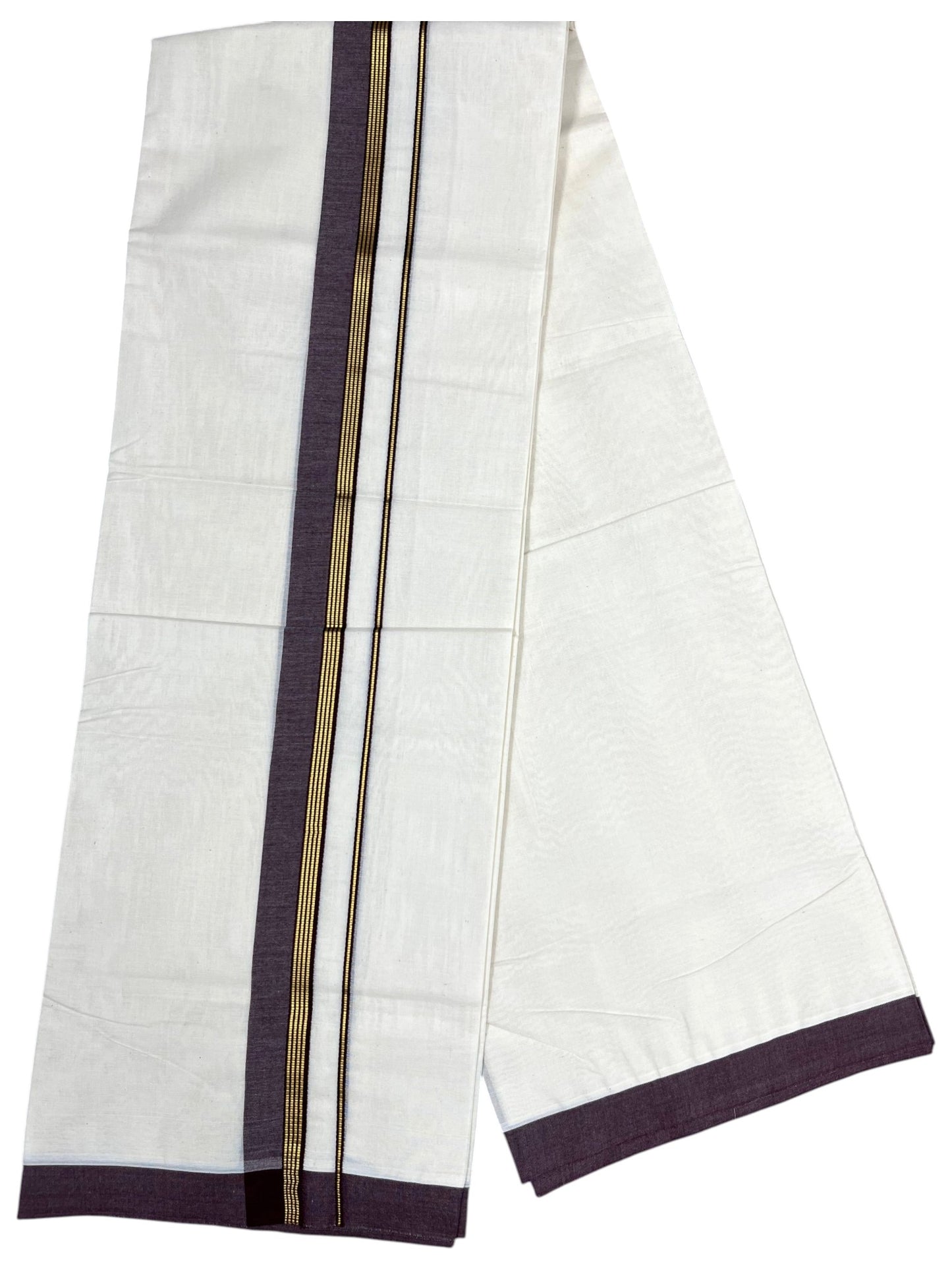 Southloom Pure Cotton Mundu with Gold Lines and Purple Border (South Indian Kerala Dhoti)