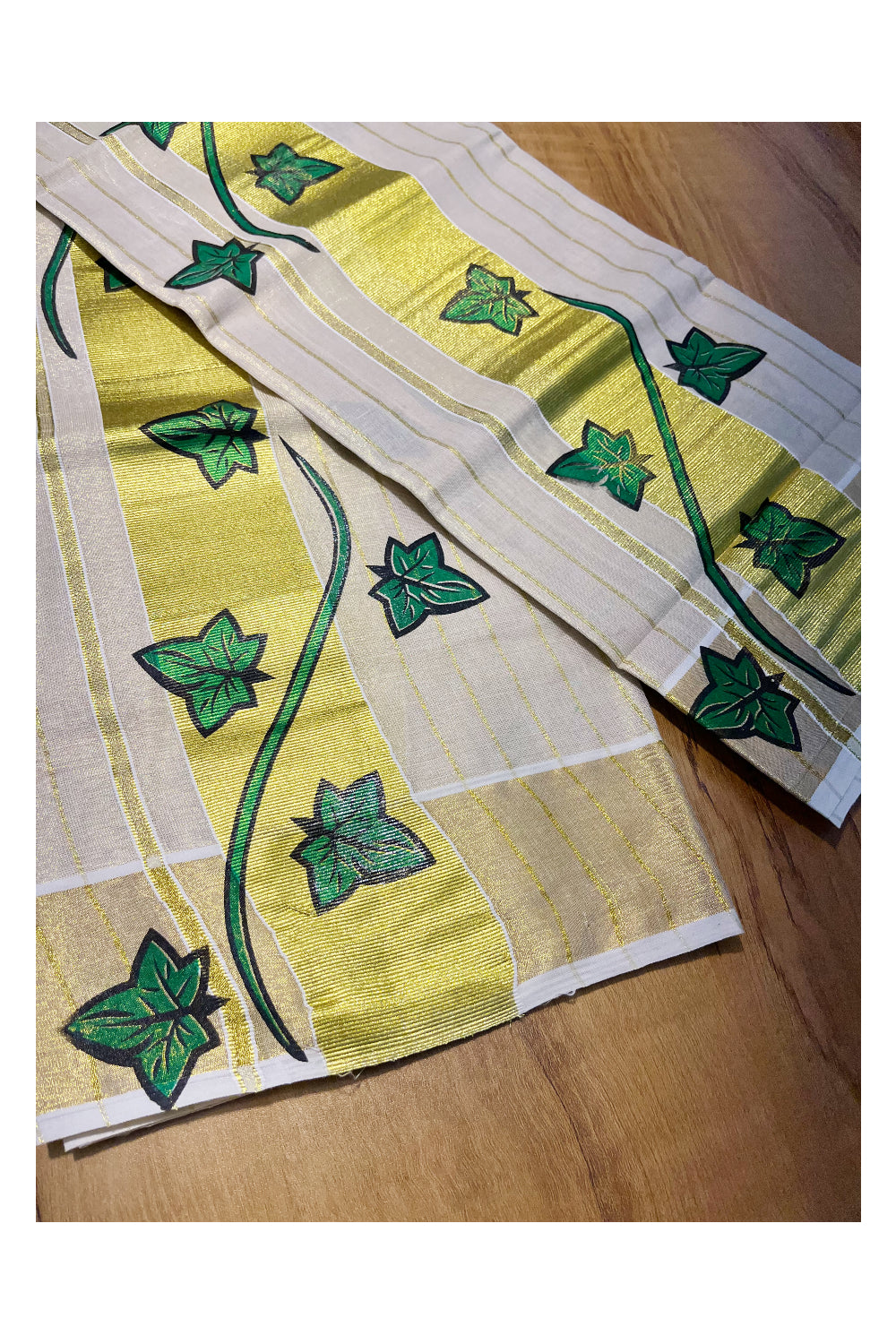 Kerala Tissue Single Set Mundu (Mundum Neriyathum) with Green Block Printed Design 2.80Mtr