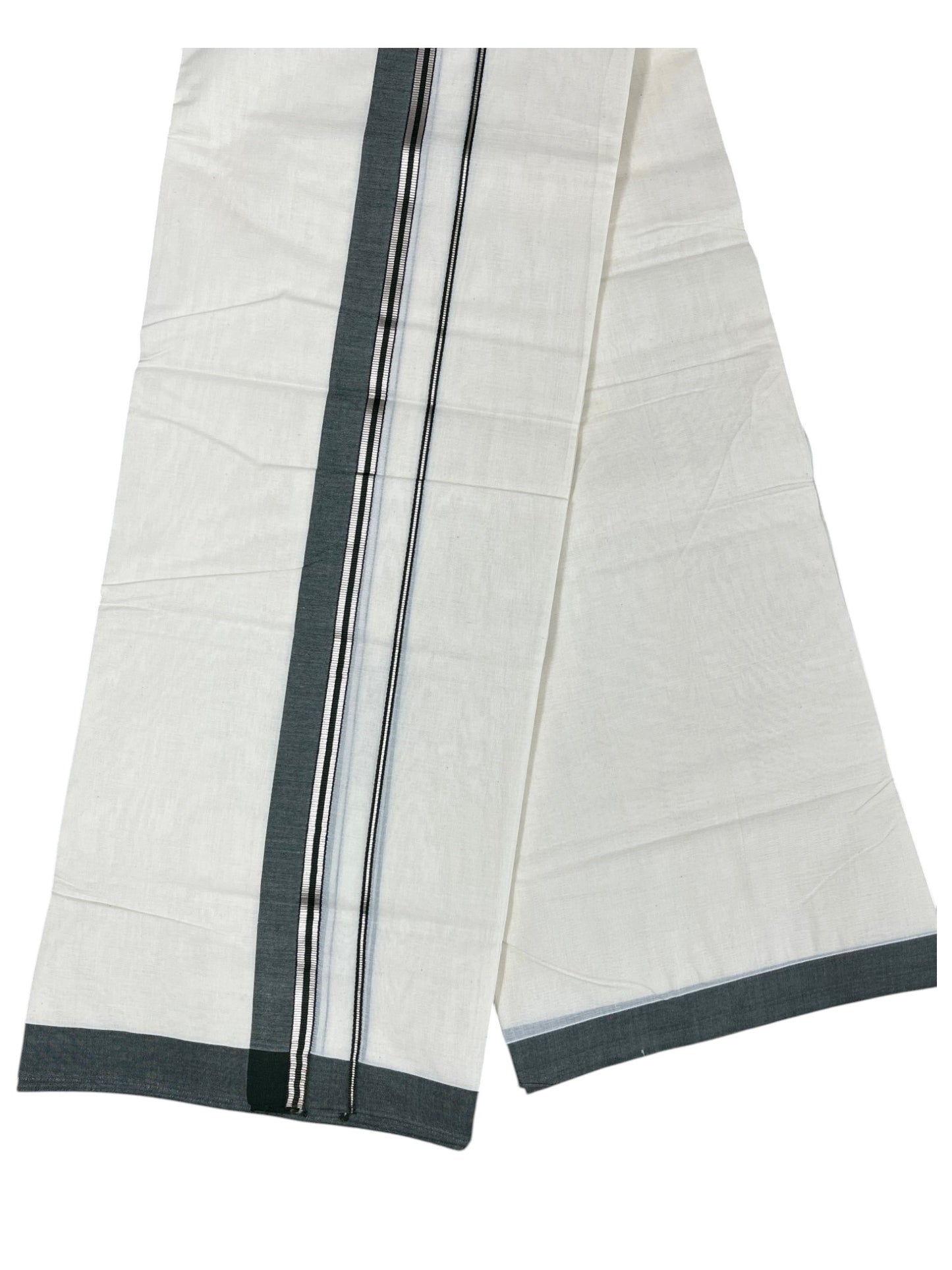 Southloom Pure Cotton Mundu with Silver Lines and Dark Green Border (South Indian Kerala Dhoti)