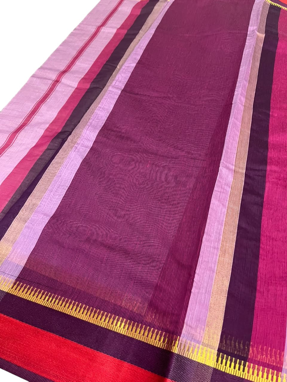 Southloom Maheshwari Cotton Saree With Temple Design on the Body and Borders In Magenta And Voilet SL471