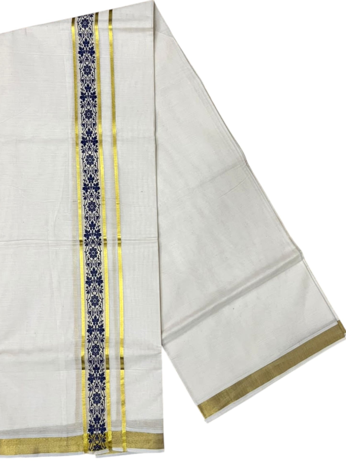 Southloom Pure Cotton Double Mundu with Blue Block Printed And Ksavu Border (South Indian Kerala Dhoti)