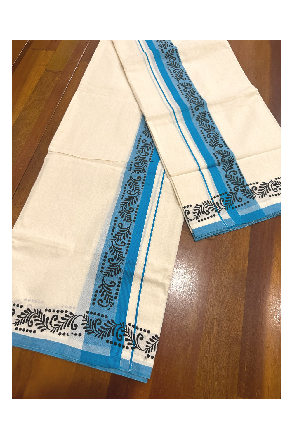 Kerala Cotton Set Mundu (Mundum Neriyathum) with Black Block Prints in Blue Border (Onam Set Mundu 2023)