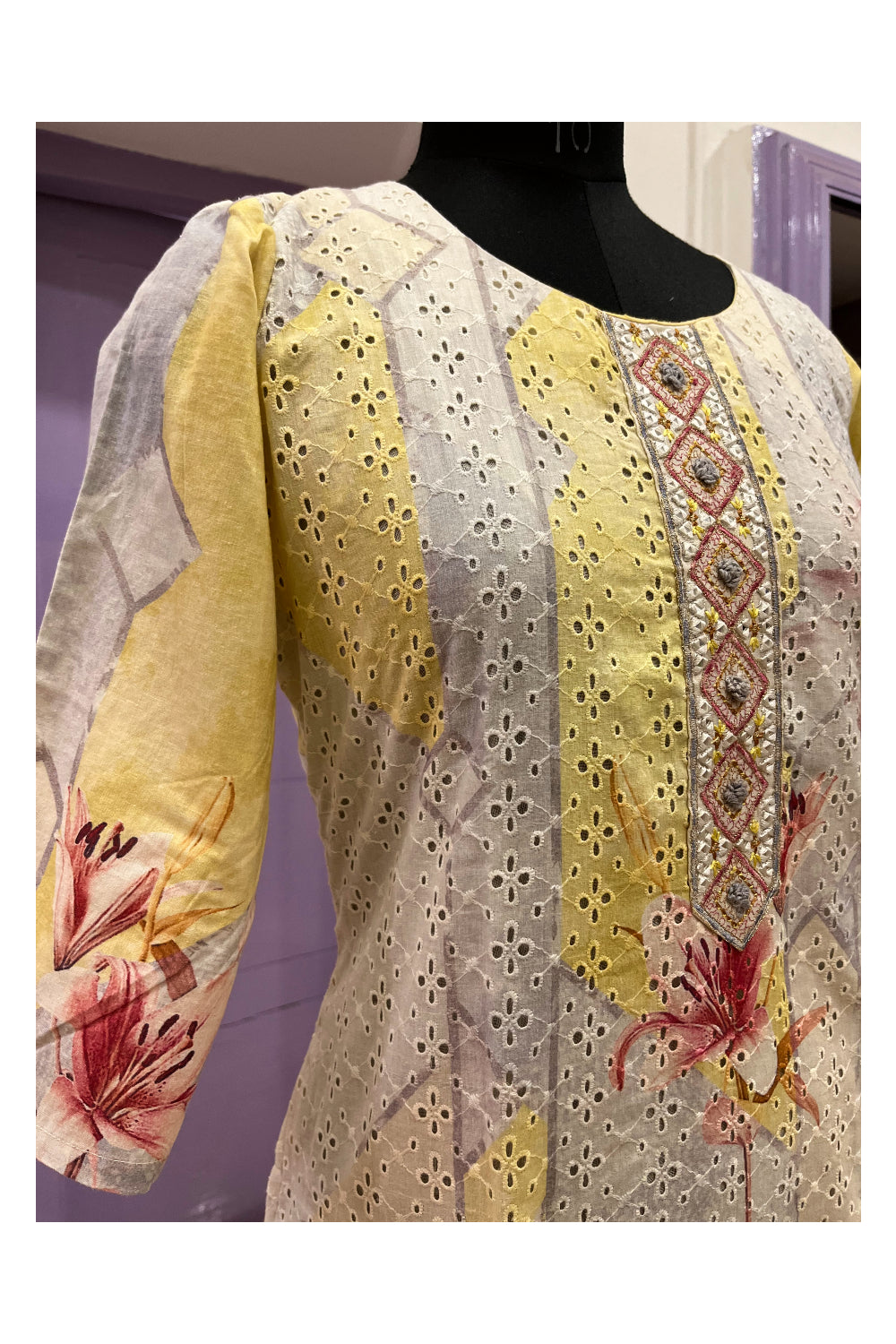 Southloom Stitched Cotton Yellow White Salwar Set with Hacoba Works