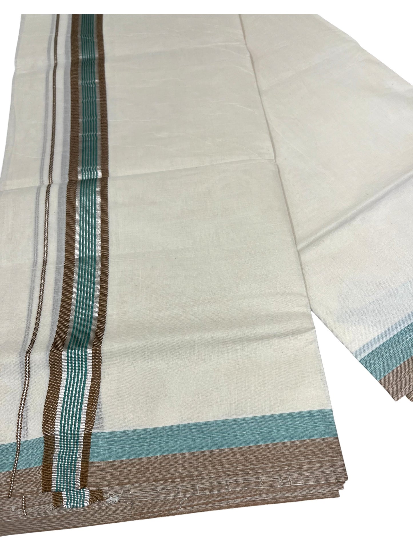Southloom Kerala Pure Cotton Double Mundu with Green And  Brown Silver Lines Border (South Indian Dhoti)