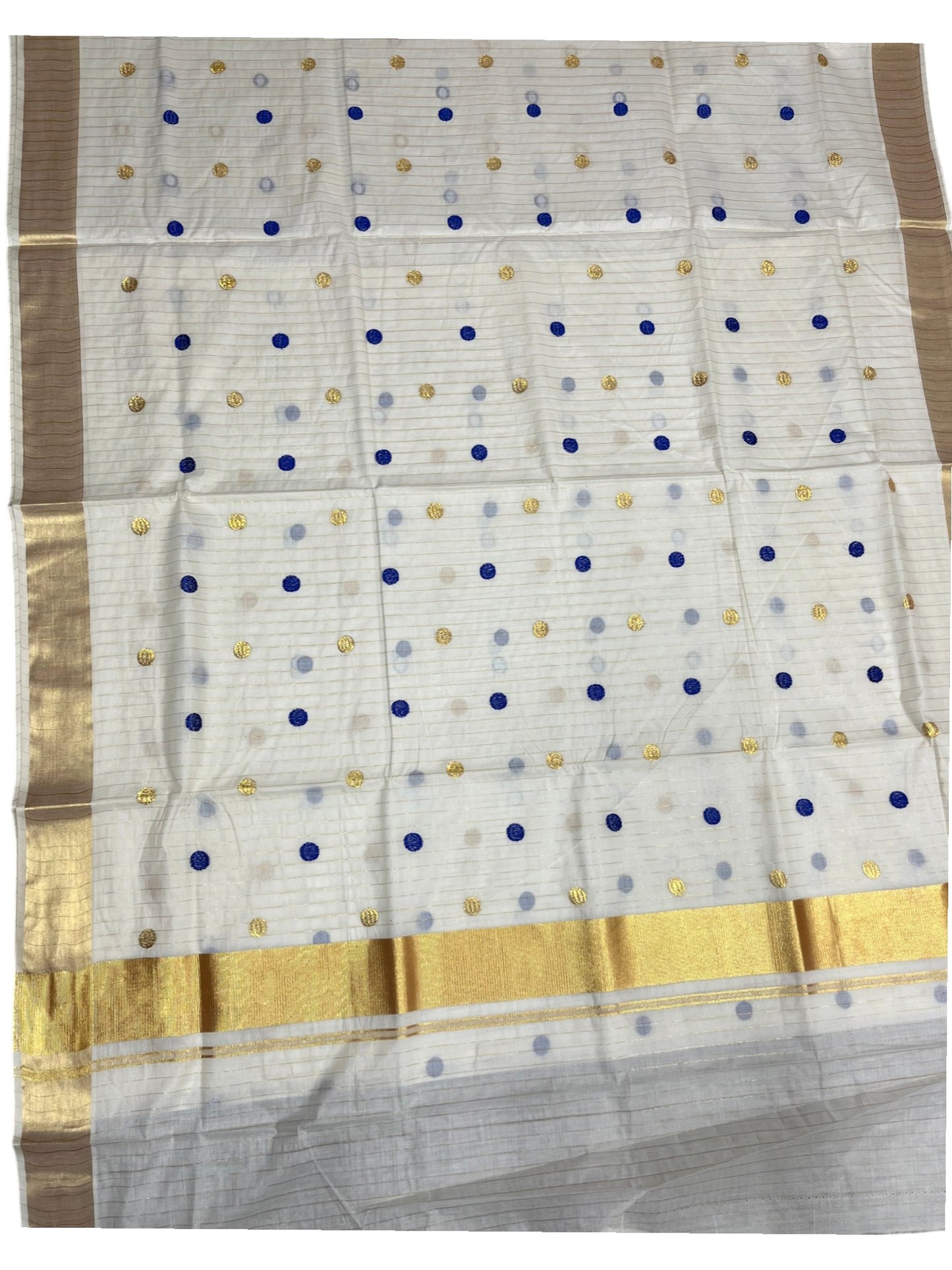 Southloom Kerala Cotton Kasavu Saree with Gold & Blue Polka Embroidery Works on Body SL281