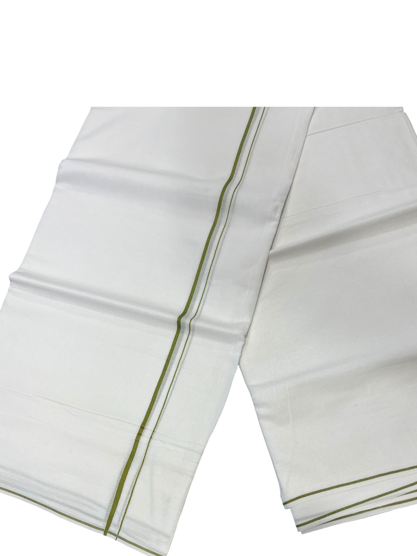 Pure White Cotton Double Mundu  Green PuliyilaKara (South Indian Dhoti)