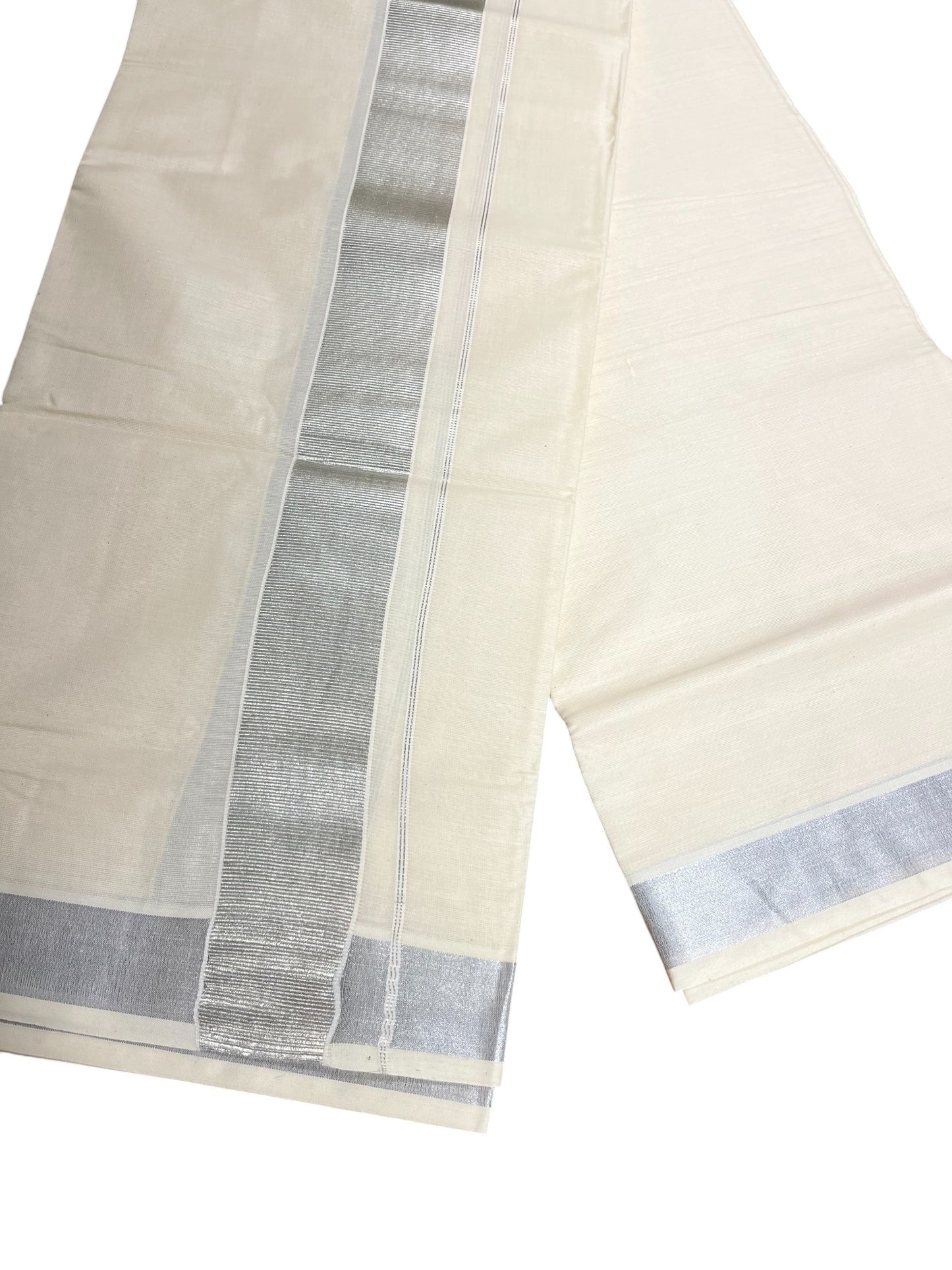 Southloom Kerala Pure Cotton Double Mundu with Silver Kara and Silver Border (South Indian Dhoti)