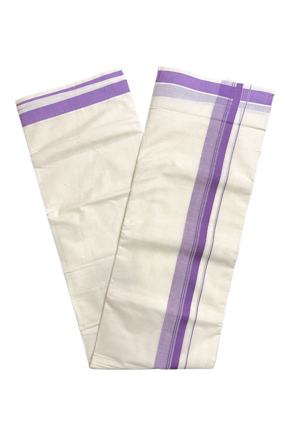 Off White Pure Cotton Kerala Mundu with Violet Kara (South Indian Kerala Dhoti)