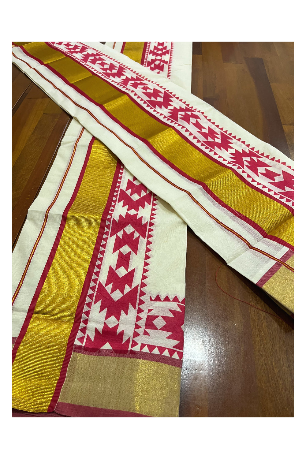 Pure Cotton Kerala Single Set Mundu (Mundum Neriyathum) with Red Block Printed Kasavu Border