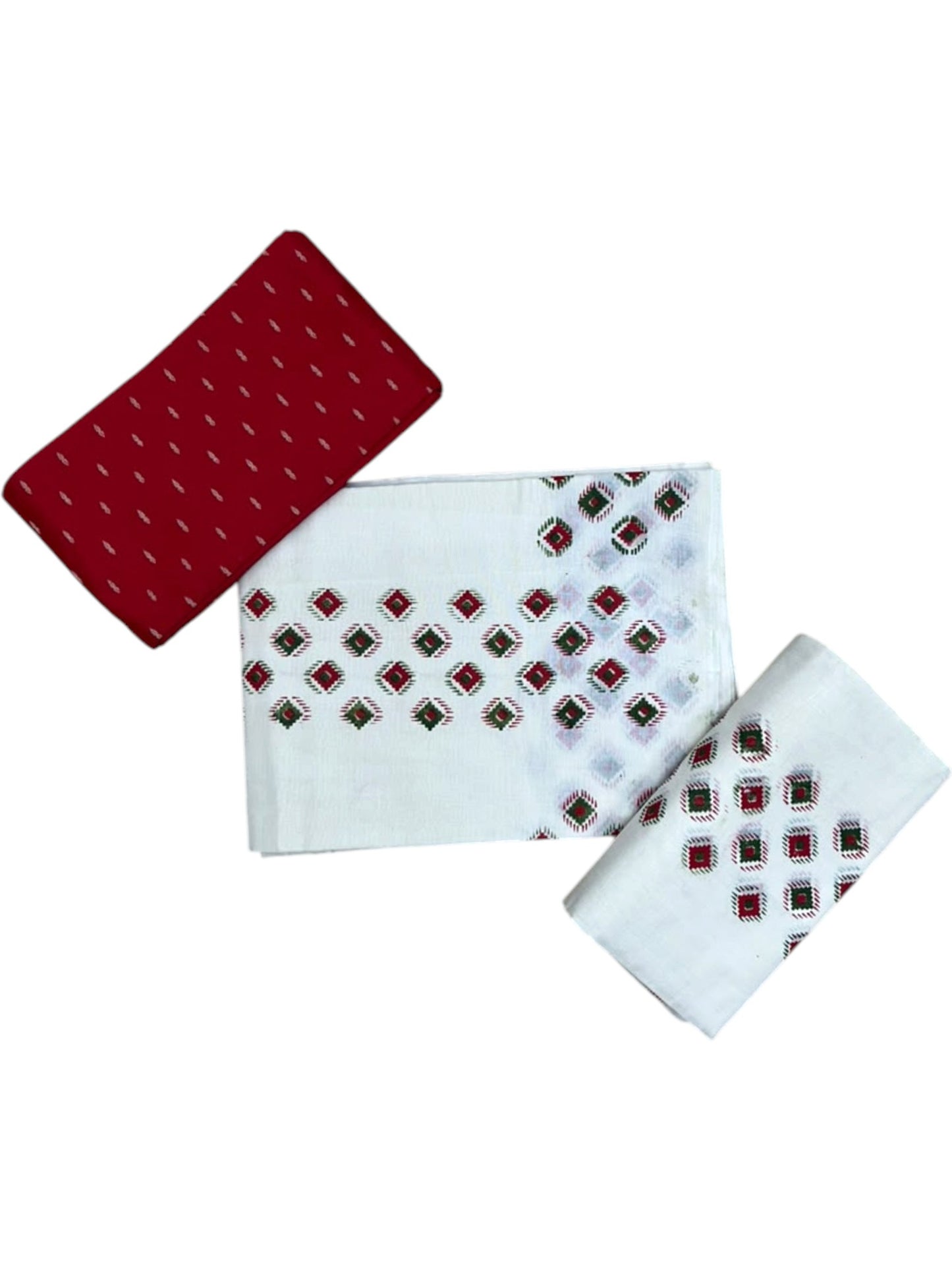 Southloom Kerala Pure Cotton Set Mundu Single (Mundum Neriyathum) with Digital Prints on Green & Red Border in 2.80 Mtrs SL570