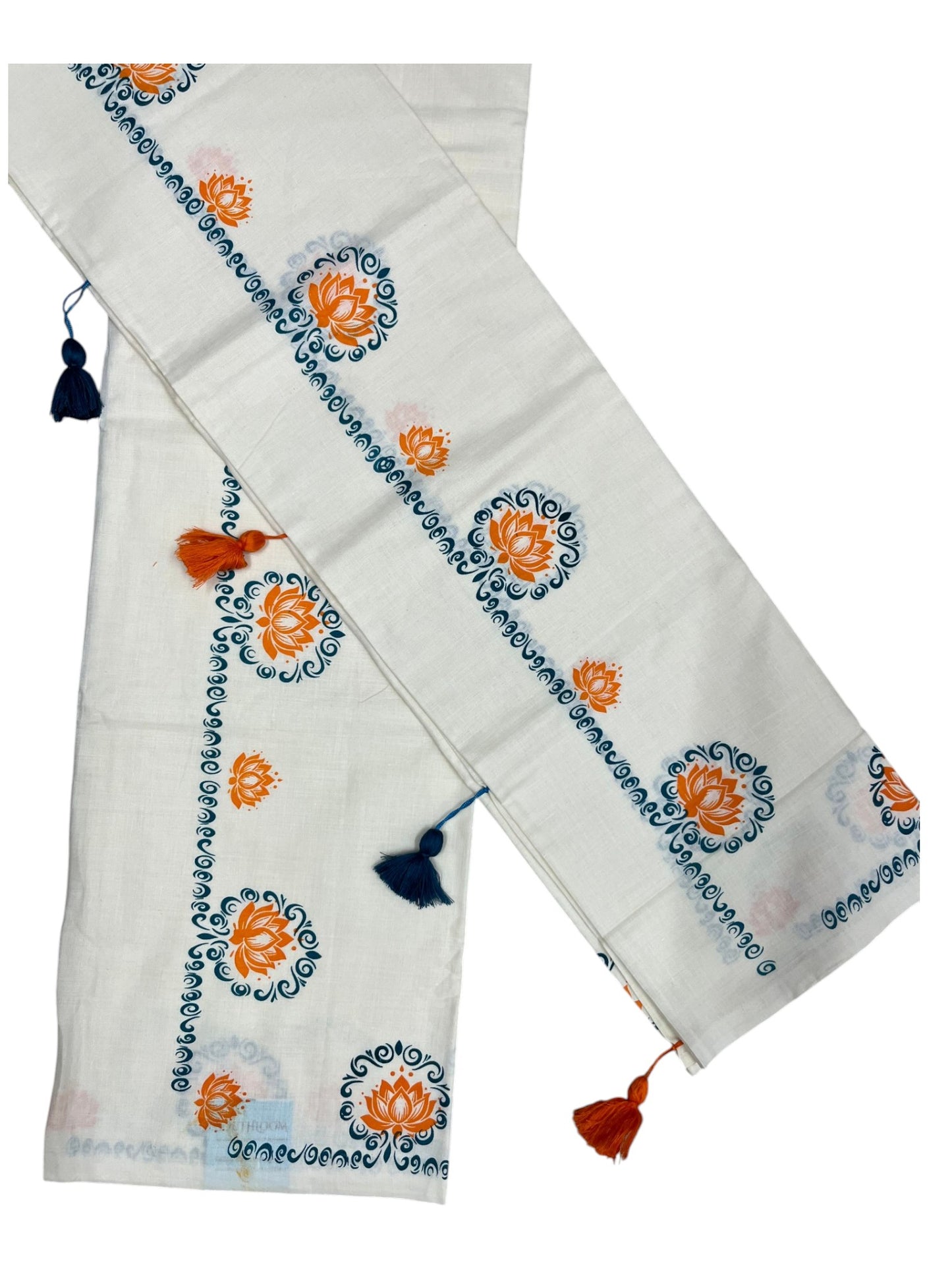 Southloom Kerala Cotton Single Set Mundu (Mundum Neriyathum) with Blue & Orange Lotus Block Printed Design