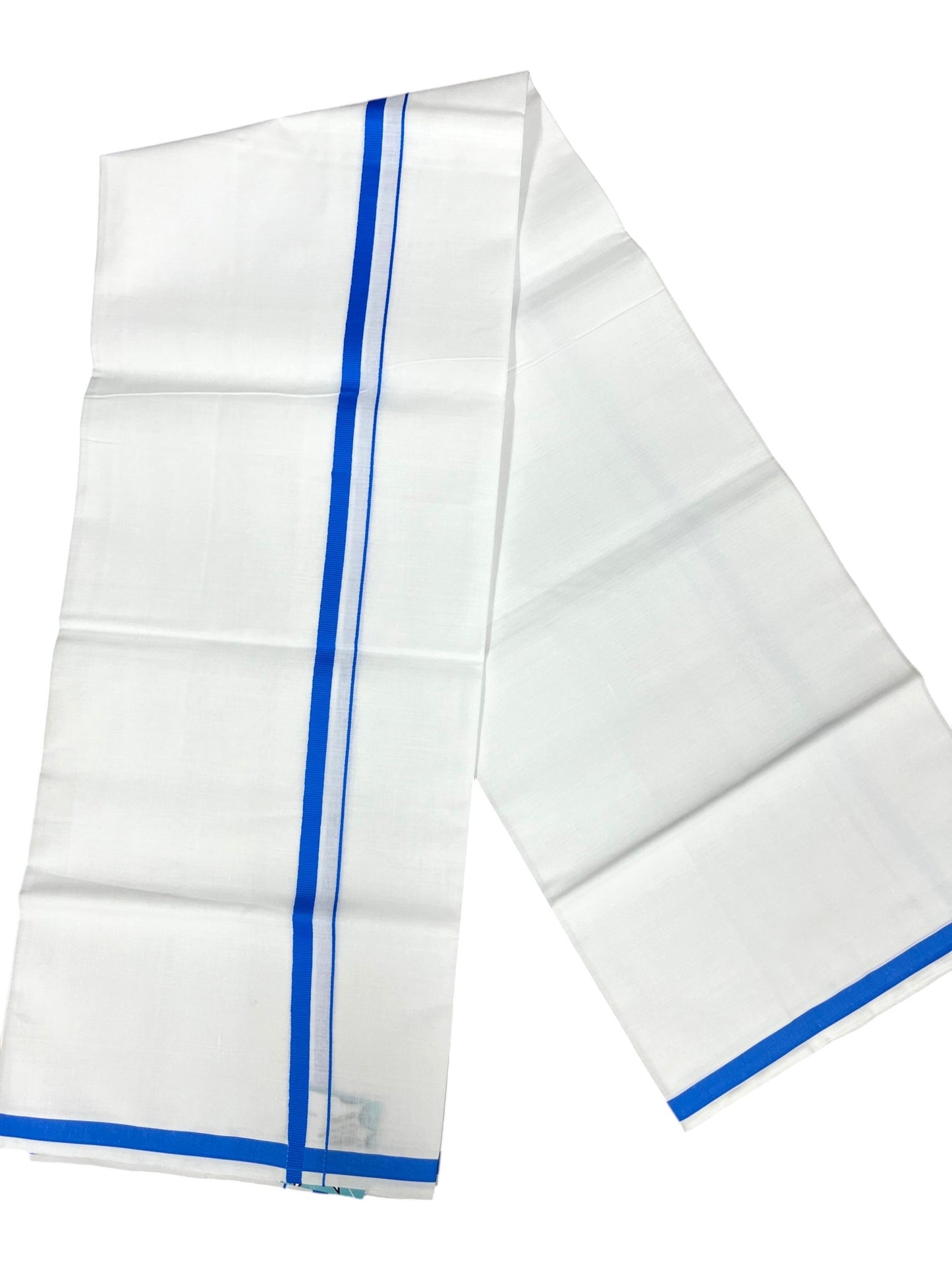 Southloom Pure White Cotton Single Mundu with Blue Border (South Indian Kerala Dhoti)