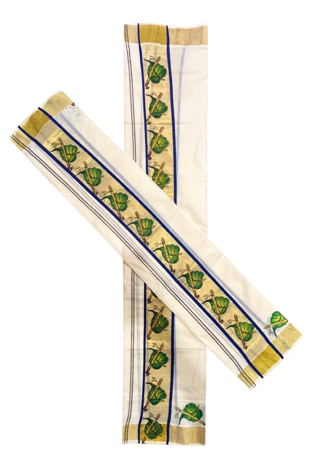 Kerala Cotton Single Set Mundu (Mundum Neriyathum) with Leaf and Flute Block Prints on Kasavu Blue Border