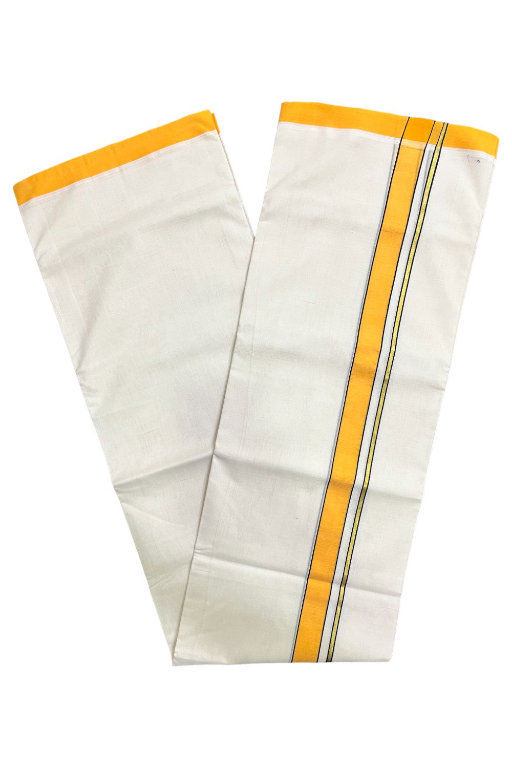 Premium Balaramapuram Handloom Unakkupaavu Cotton Double Mundu with Orange Border (Vishu 2024 Collection)