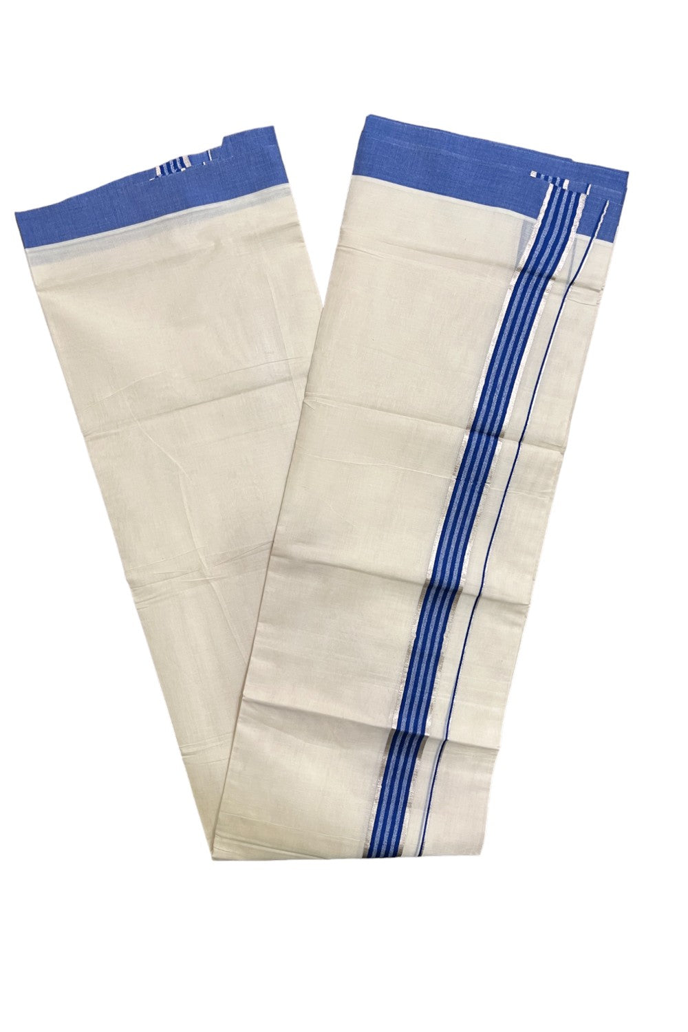 Kerala Pure Cotton Double Mundu with Silver Kasavu and Blue Border (South Indian Kerala Dhoti)