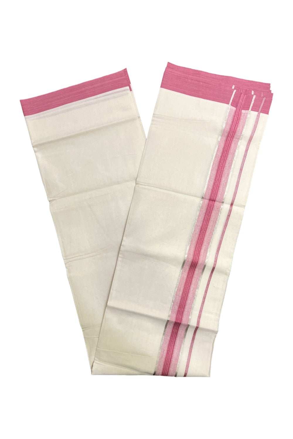 Kerala Pure Cotton Double Mundu with Pink and Silver Kasavu Border (South Indian Kerala Dhoti)