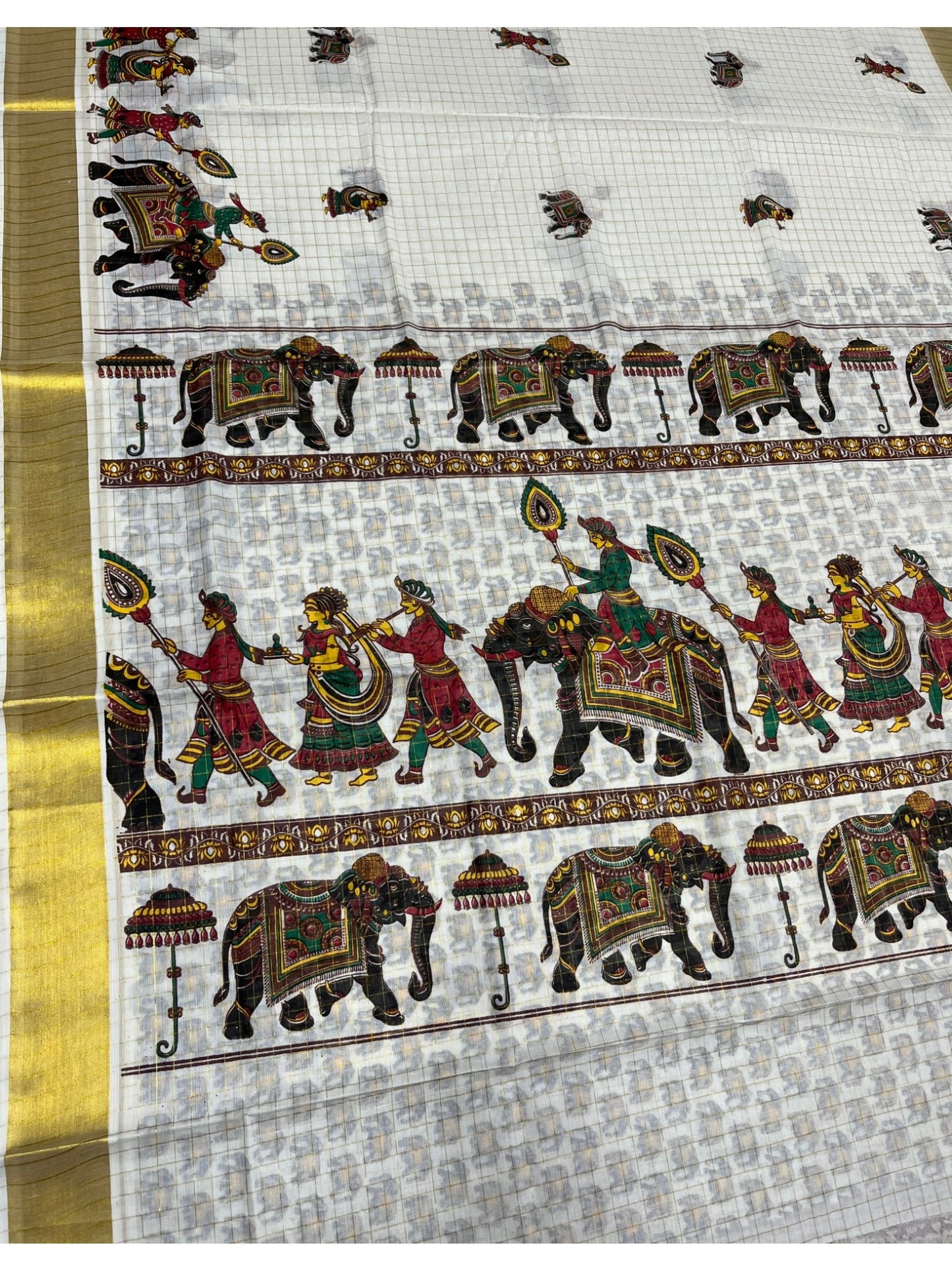 Southloom Kerala Cotton  Kasavu Check Saree With Mural Festival Parasol and Elephant Design