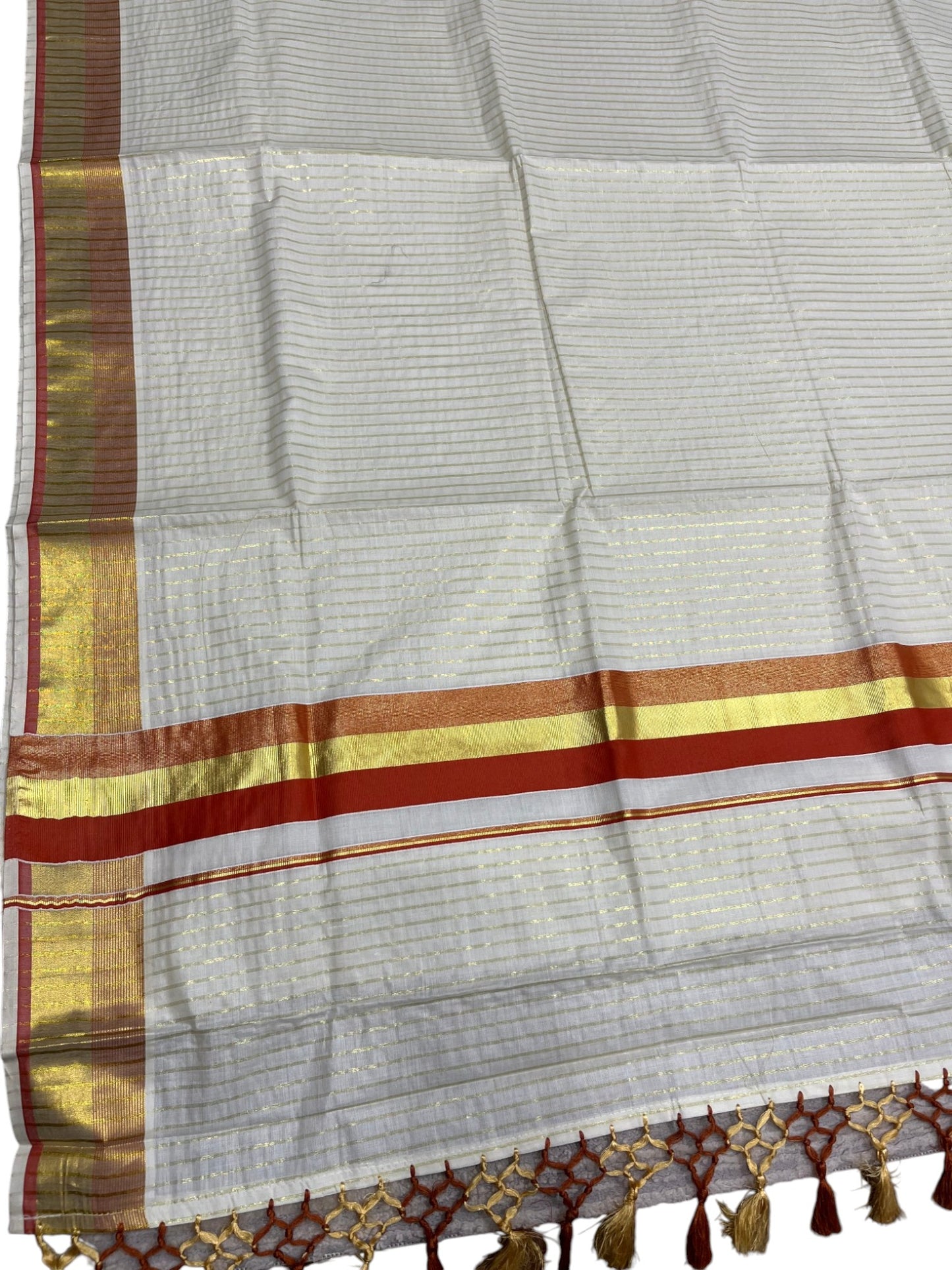 Southloom Pure Cotton Kerala Saree with Gold Kasavu Lines Across Body and Orange Border