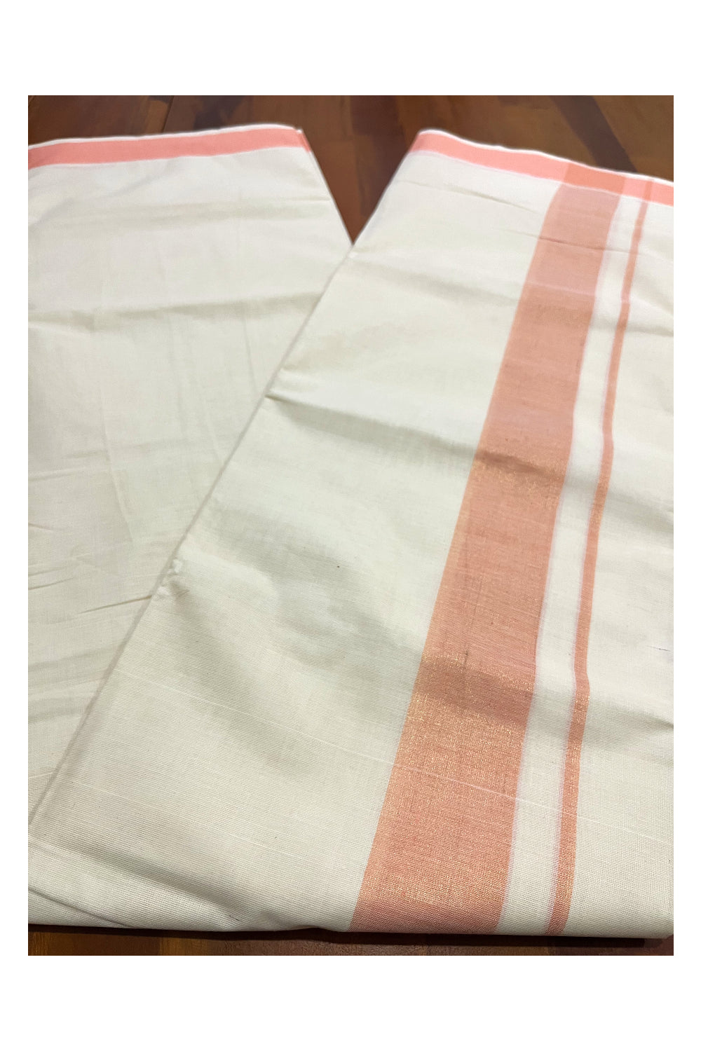 Pure Cotton Kerala Double Mundu with Peach Kasavu Kara (Onam Mundu 2023)