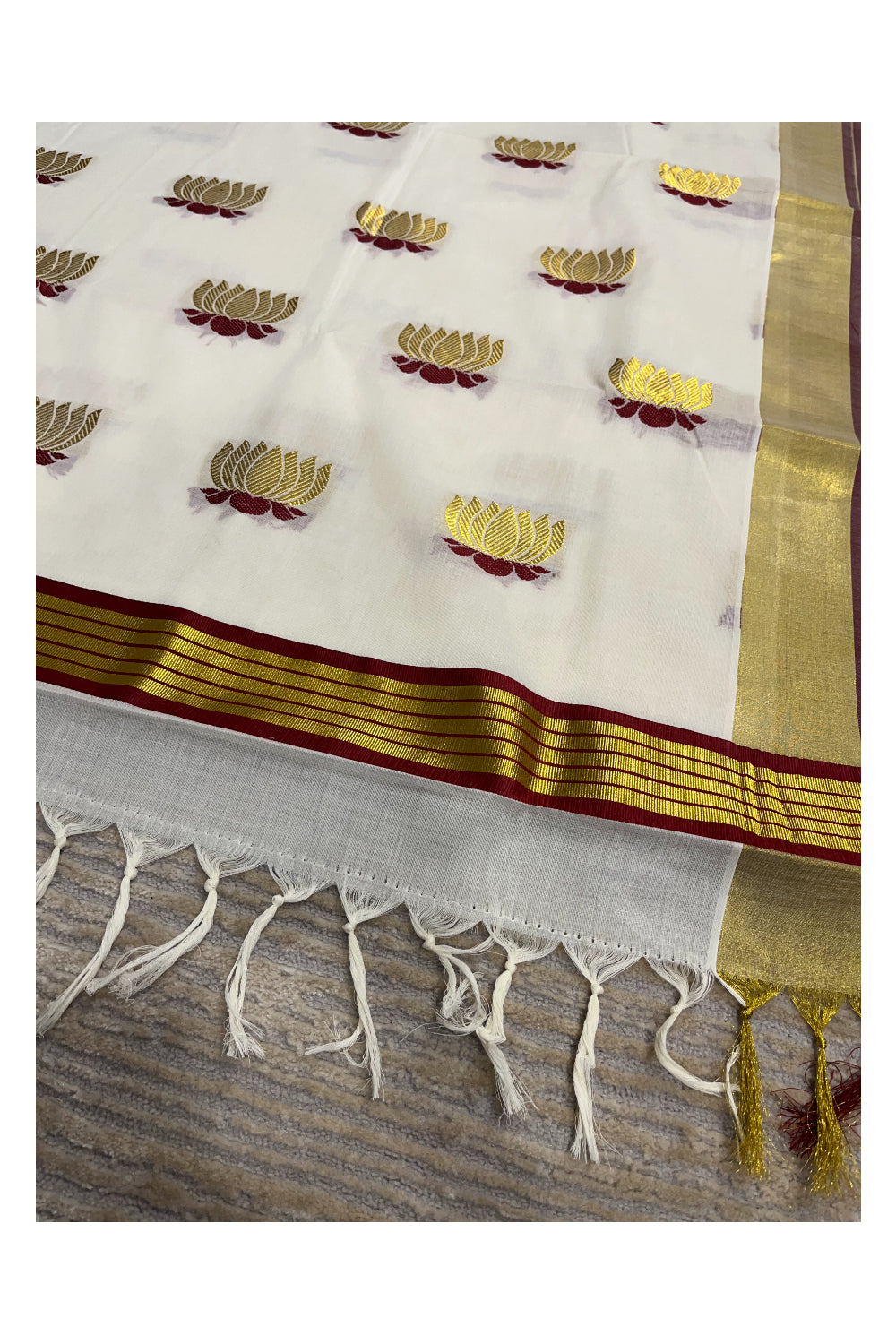 Southloom Kerala Cotton Kasavu Saree with Lotus Woven Work