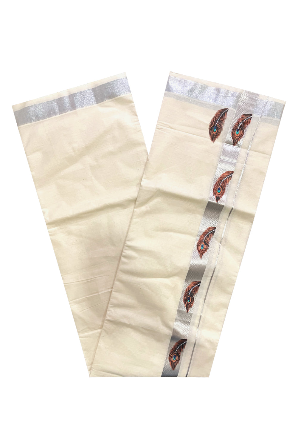 Pure Cotton Kerala Double Mundu with Silver Kasavu Hand Painted Design Border (South Indian Kerala Dhoti)