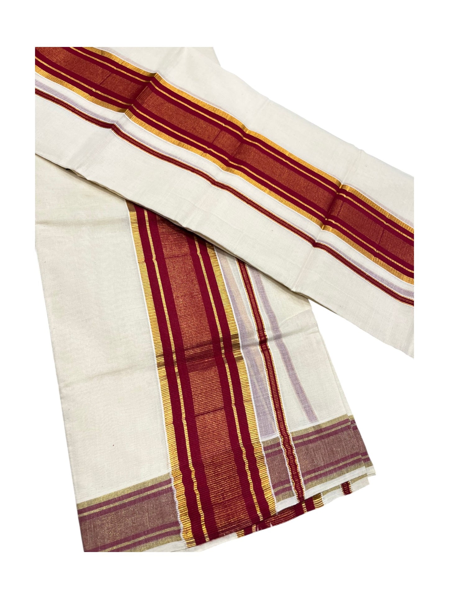 Southloom Kerala Cotton  Set Mundu (Mundum Neriyathum) with Kasavu and Maroon Border 2.80Mtrs