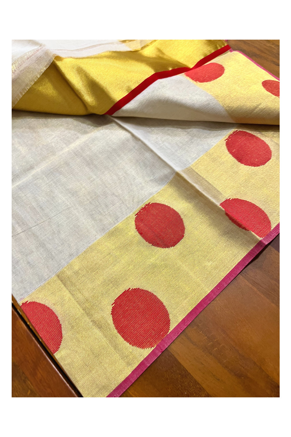 Southloom Handloom Premium Tissue Kasavu Set Mundu With Red Polka Woven Patterns (Mundum Neriyathum) 2.70 Mtrs