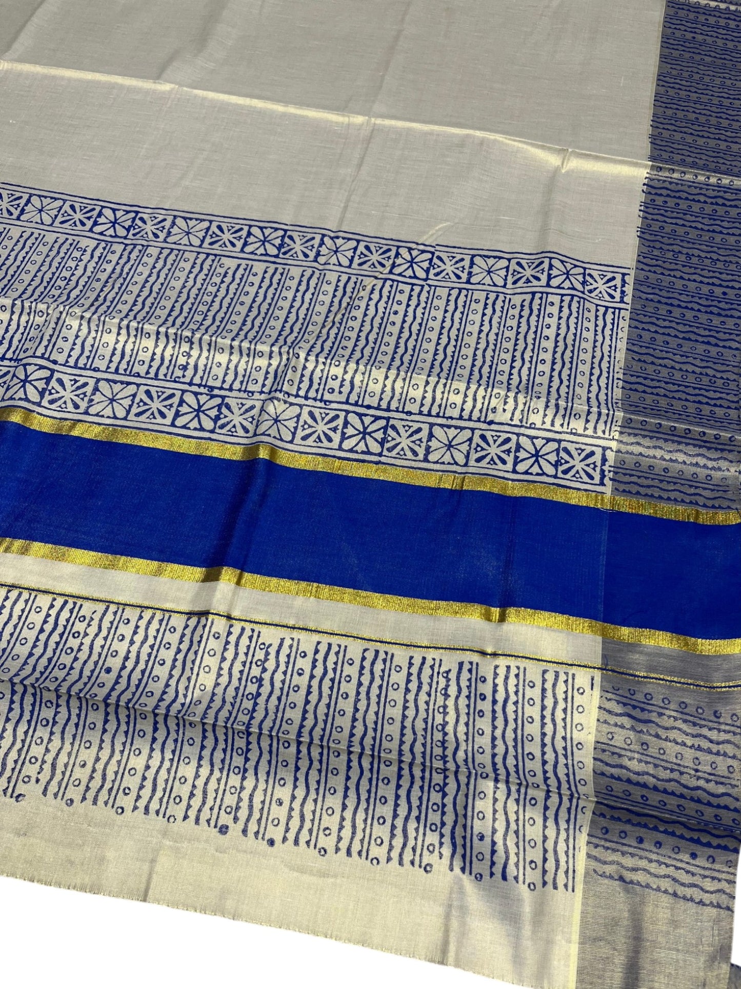 Southloom Tissue Kerala Kasavu Saree with Block Print on Body and Borders in Blue