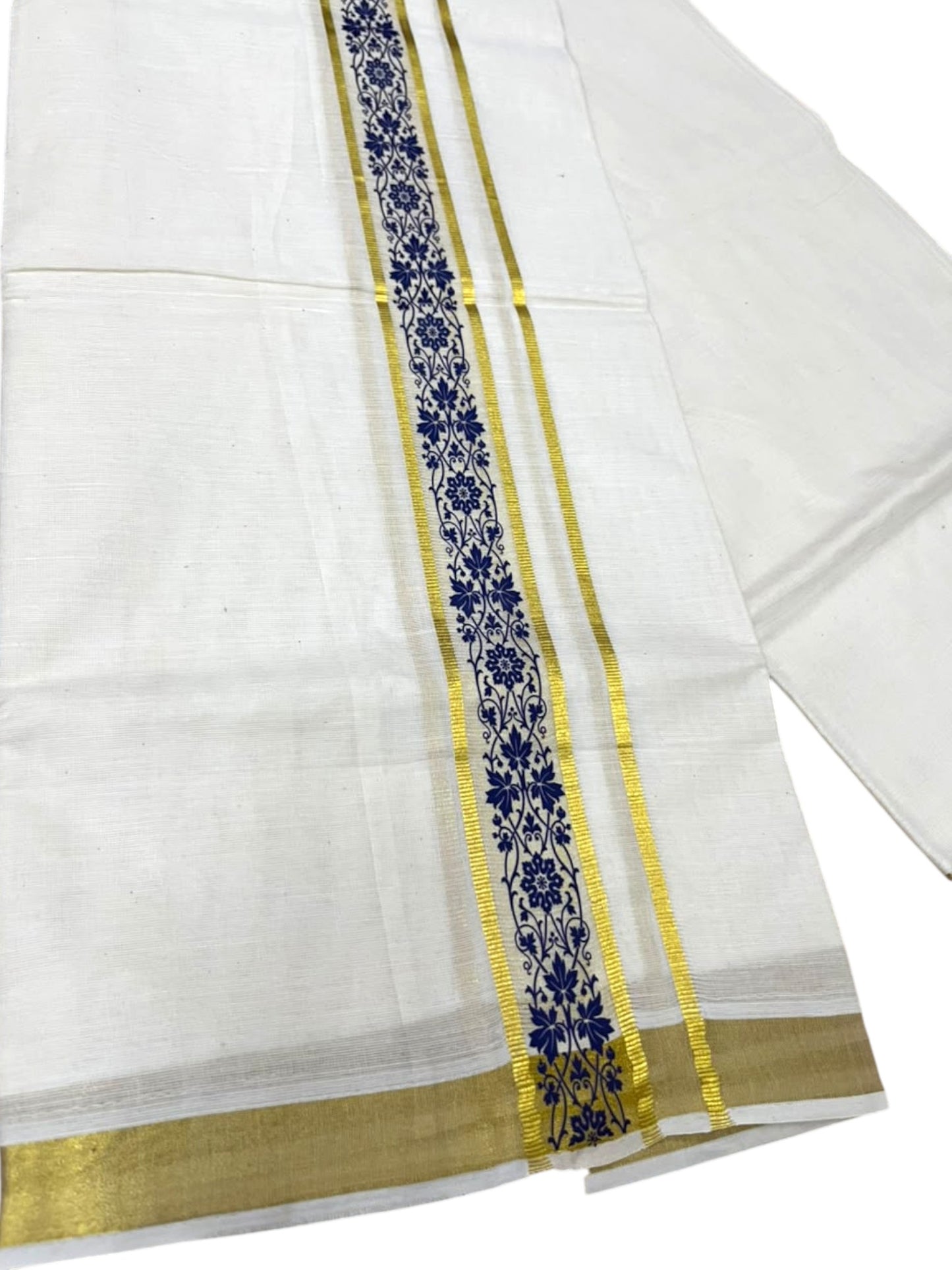 Southloom Pure Cotton Double Mundu with Blue Block Printed And Ksavu Border (South Indian Kerala Dhoti)