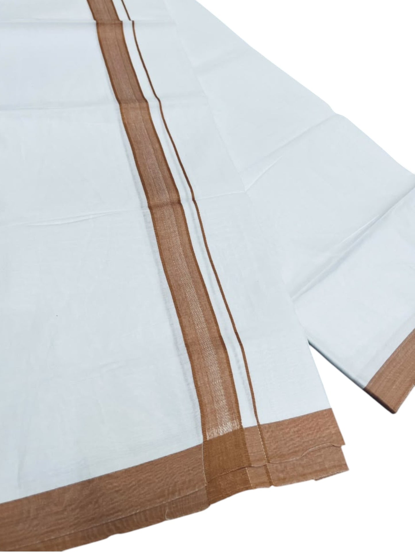 Southloom Pure White Single Cotton Mundu with Brown Border (South Indian Kerala Dhoti)