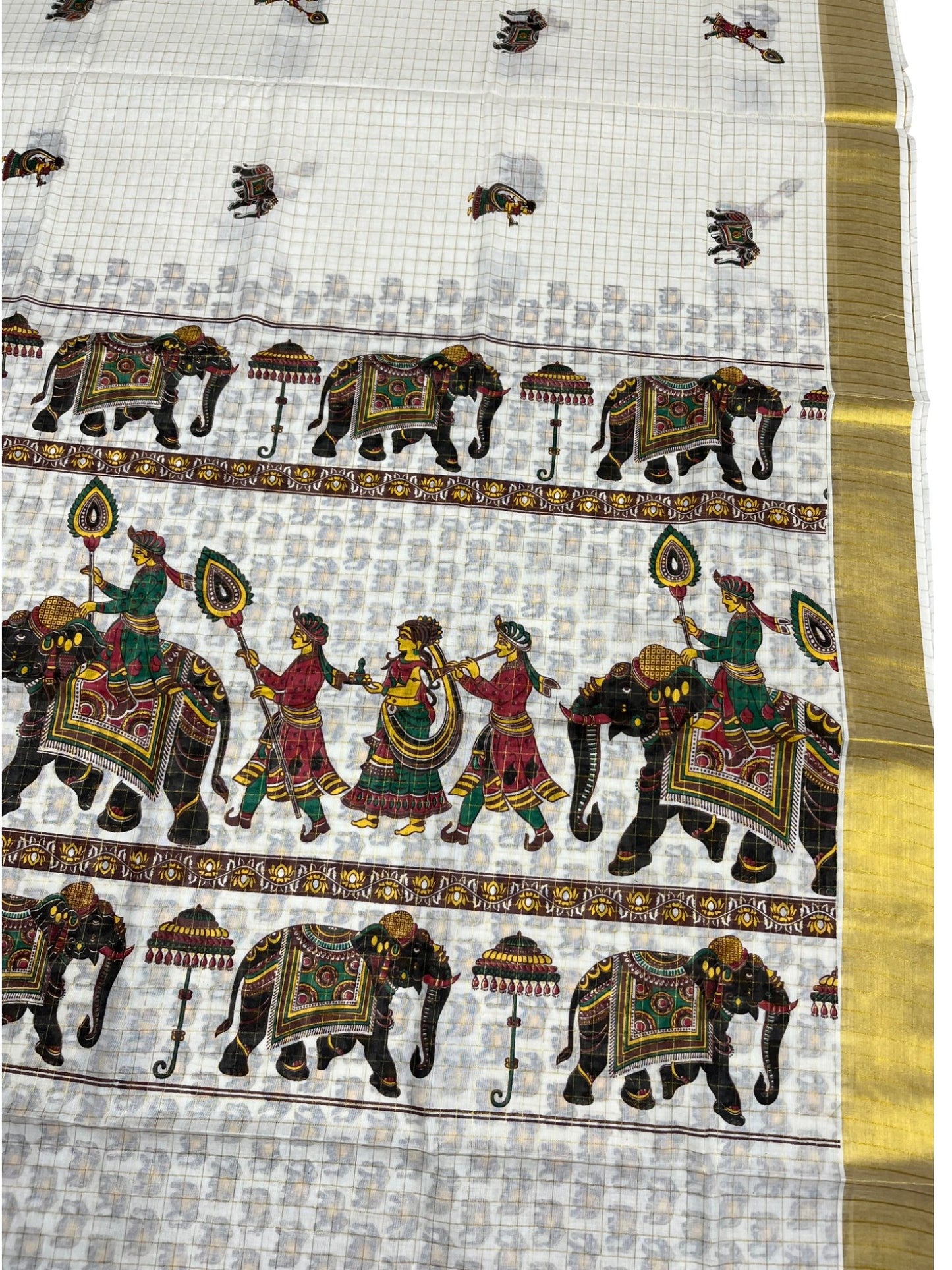 Southloom Kerala Cotton  Kasavu Check Saree With Mural Festival Parasol and Elephant Design