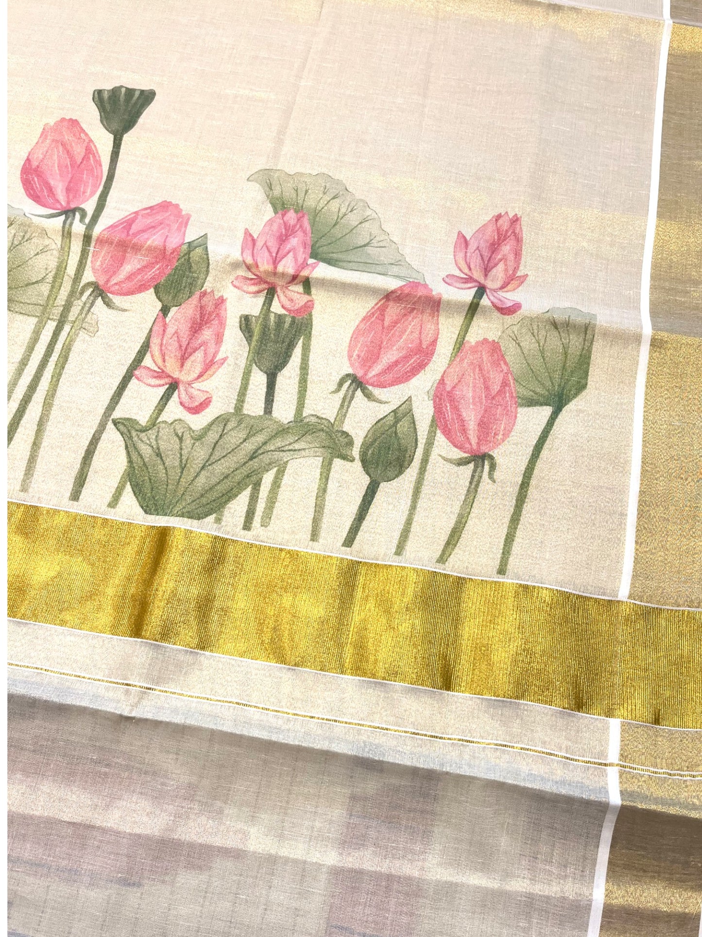Southloom Kerala Tissue Kasavu Saree with Lotus Digital Prints on Border