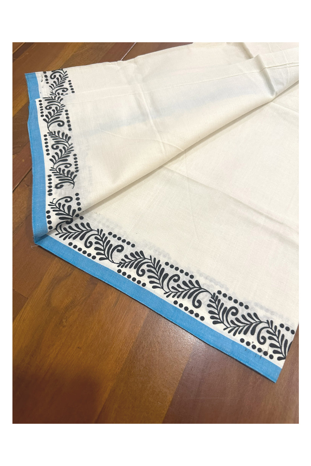 Kerala Cotton Set Mundu (Mundum Neriyathum) with Black Block Prints in Blue Border (Onam Set Mundu 2023)