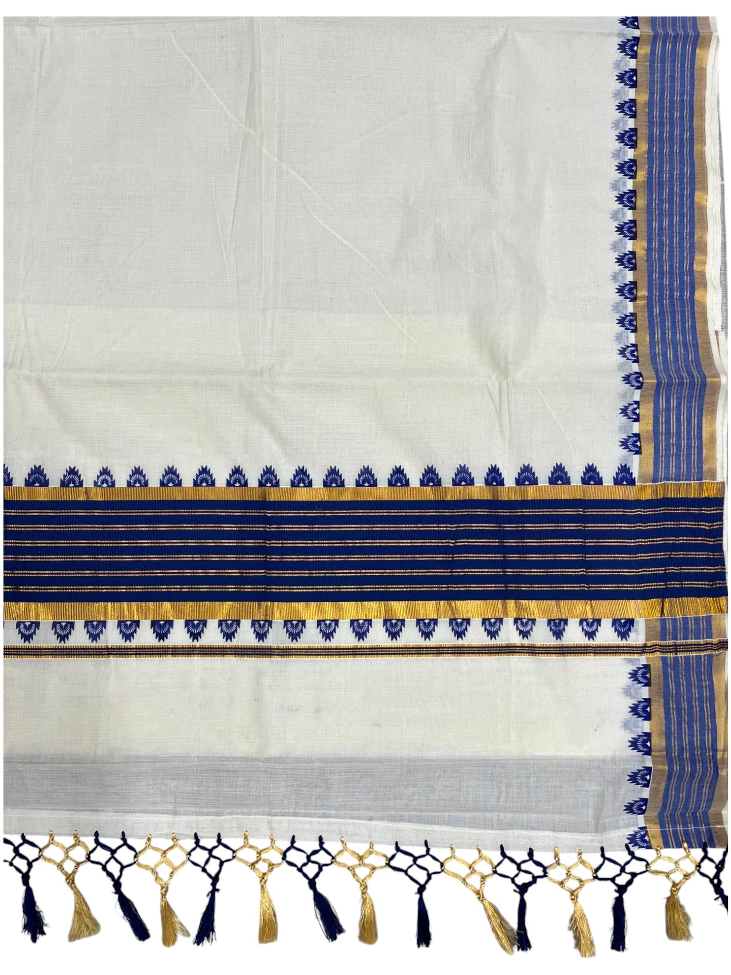 Southloom Cotton Kerala Kasavu Saree with Temple Design Border in Blue