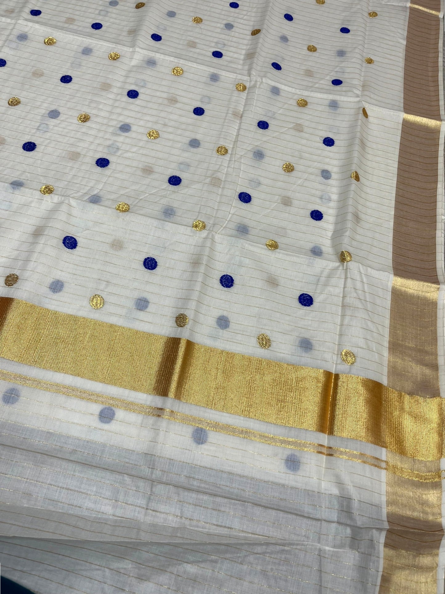Southloom Kerala Cotton Kasavu Saree with Gold & Blue Polka Embroidery Works on Body SL281