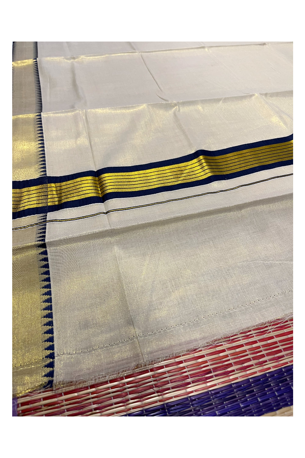 Kerala Tissue Kasavu Saree With Blue Temple Woven Works on Border