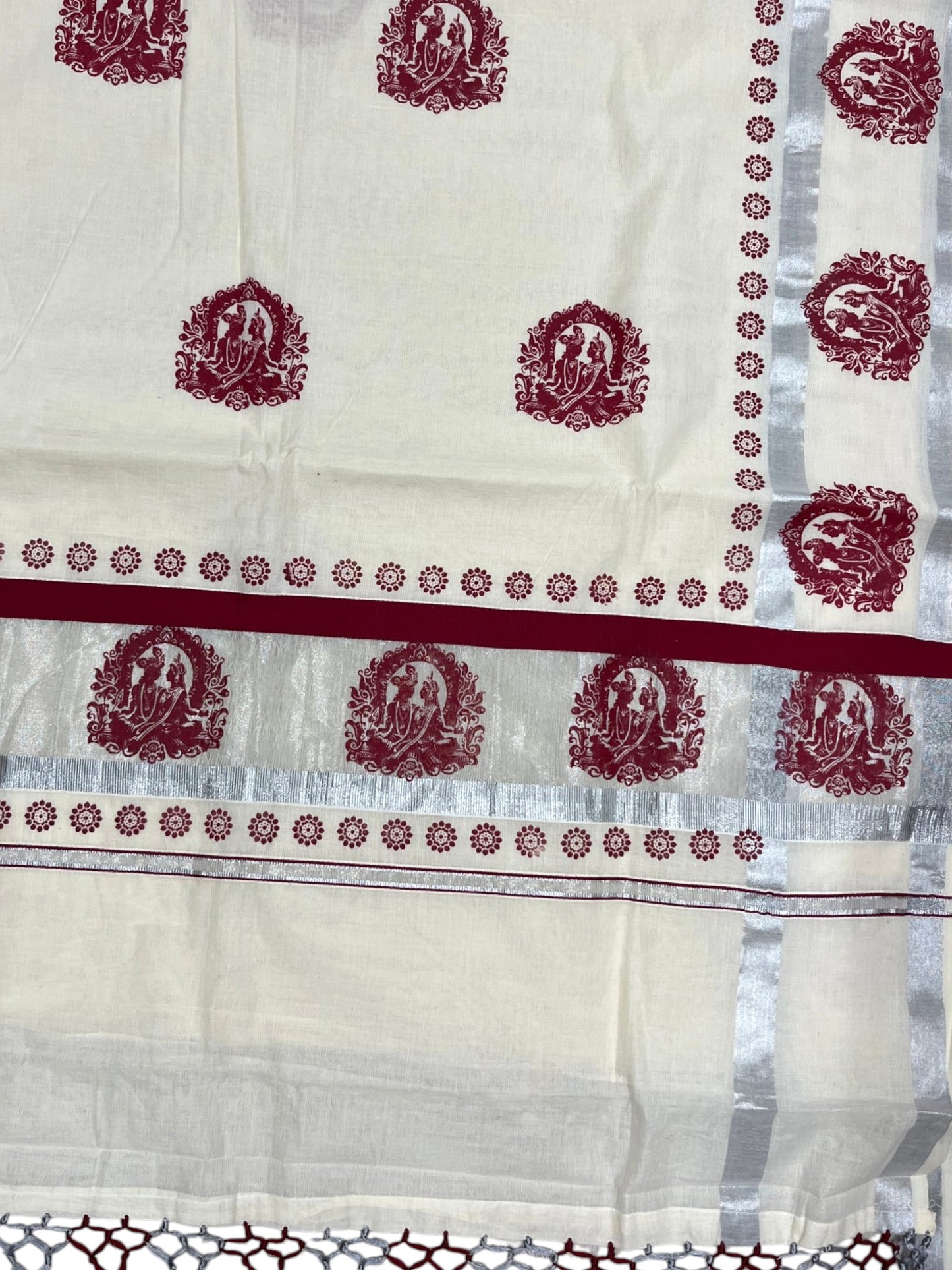 Southloom Kerala Pure Cotton Silver Kasavu Saree with Maroon Mural Printed Design and Printed Border