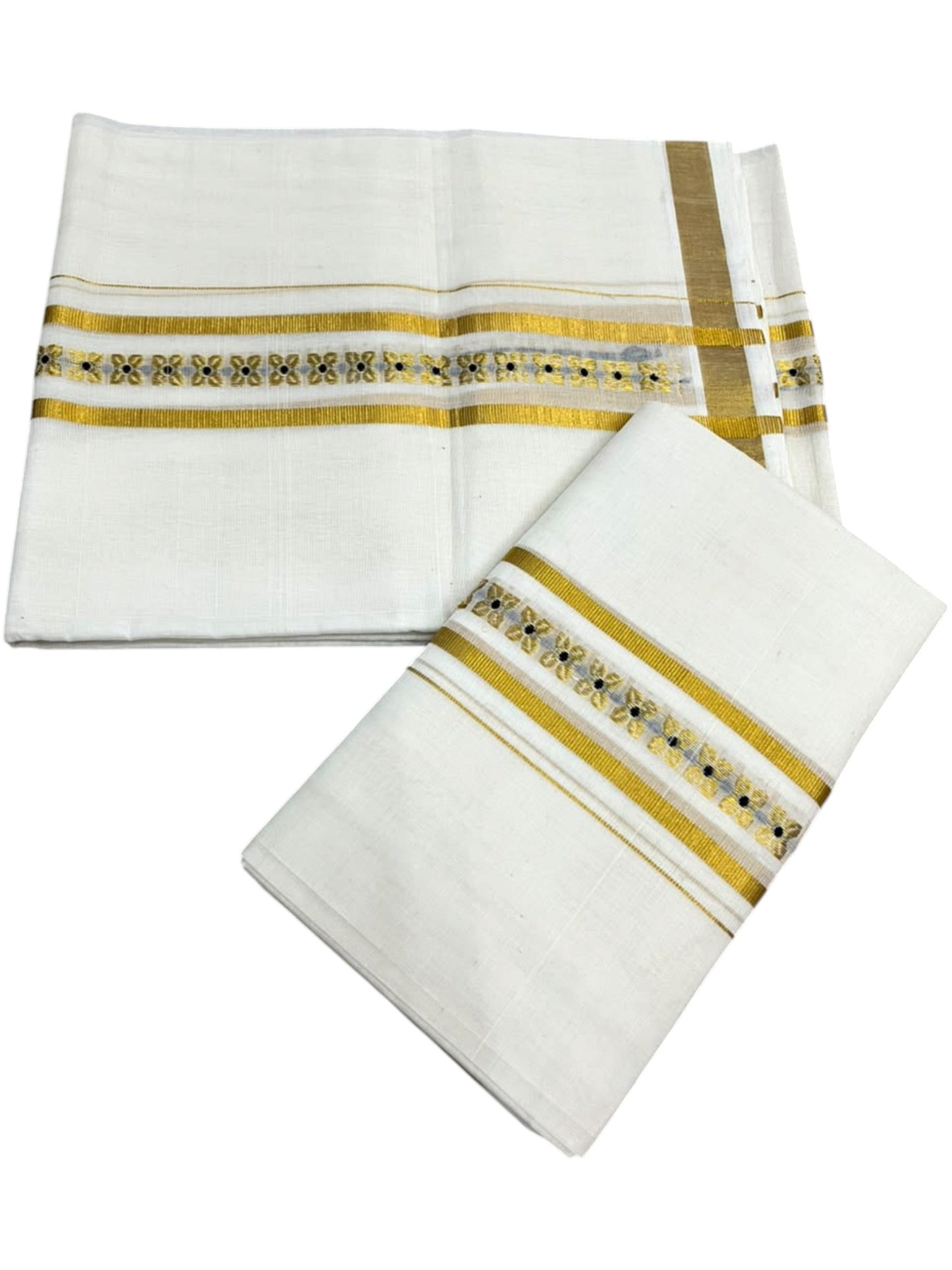 Southloom Premium Cotton Handloom Set Mundu With Black Woven Dots Design And Golde Kasavu Border (2.80 Mtr) SL632