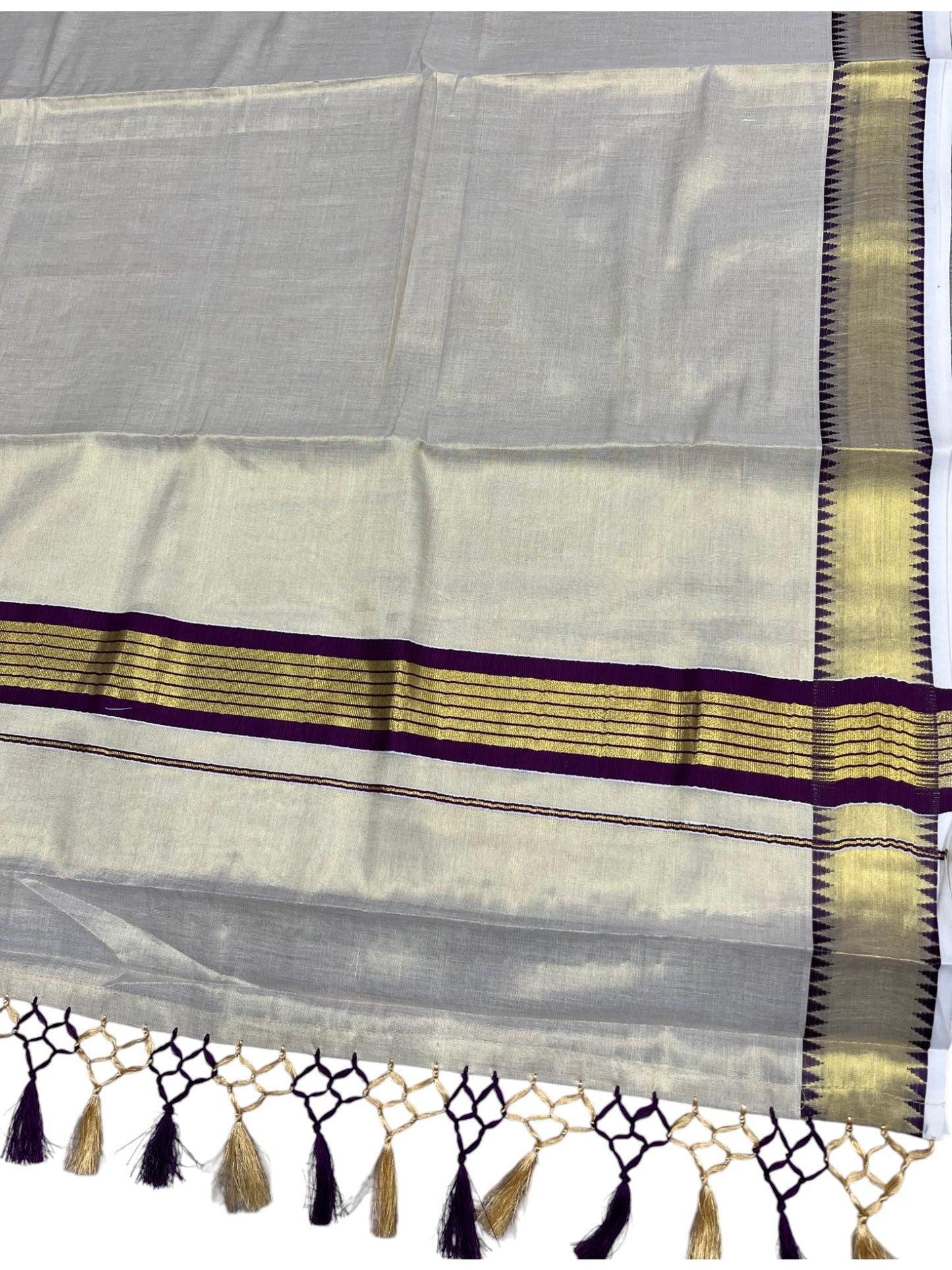Southloom Kerala Tissue Kasavu Saree With Purple Temple Woven Works on Border SL365