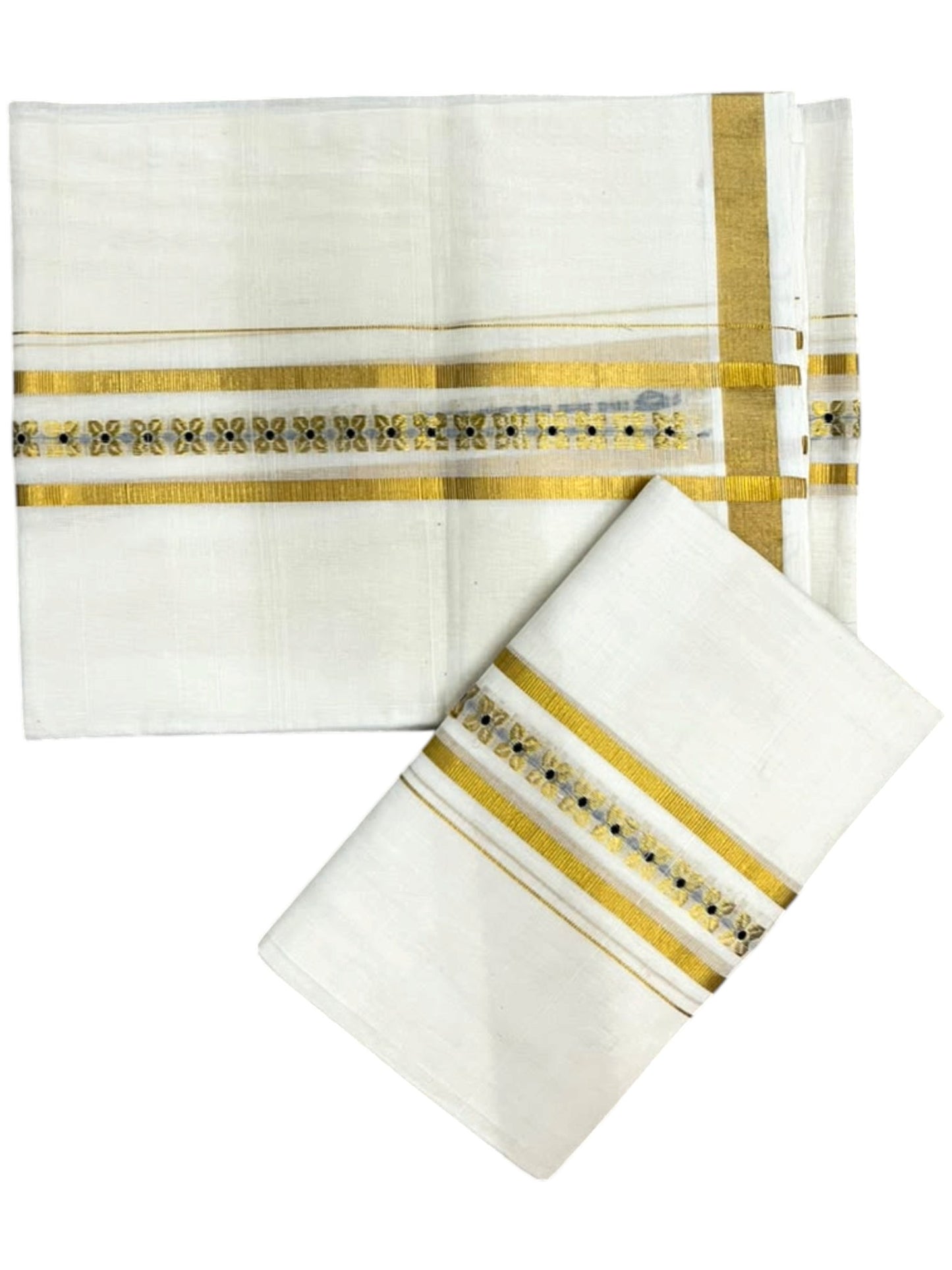Southloom Premium Cotton Handloom Set Mundu With Black Woven Dots Design And Golde Kasavu Border (2.80 Mtr) SL632