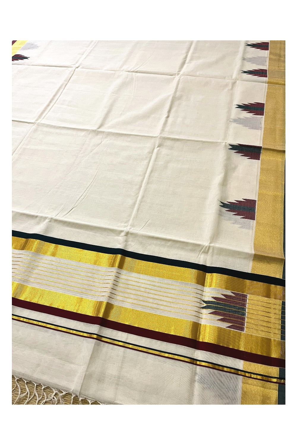 Southloom™ Premium Handloom Cotton Kasavu Saree with Maroon Dark Green Temple Woven Border and Stripes Work on Pallu