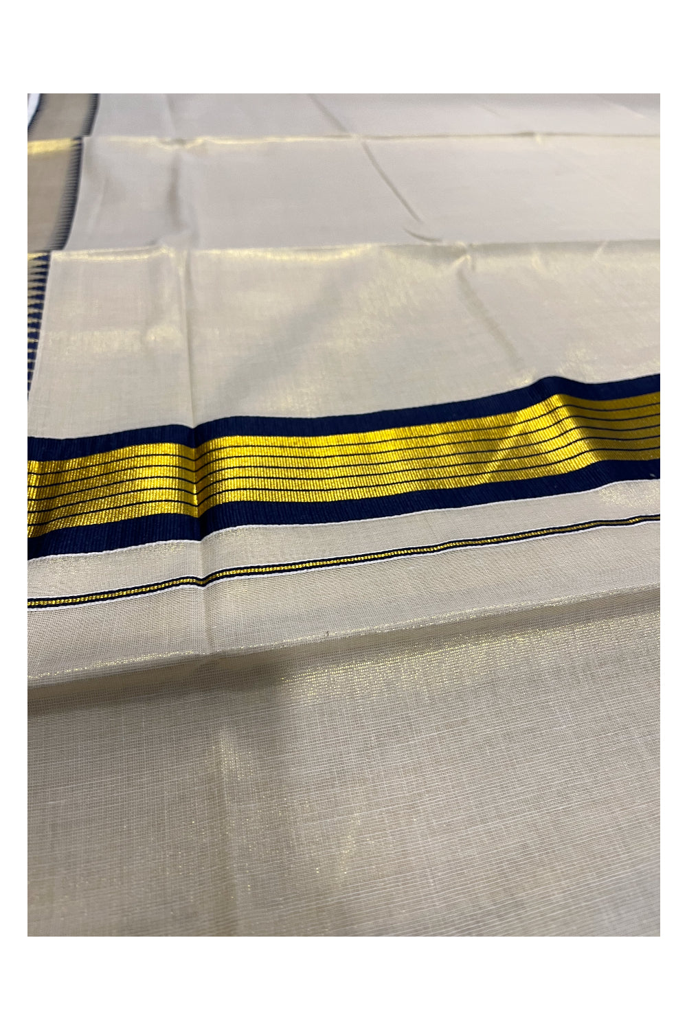 Kerala Tissue Kasavu Saree With Blue Temple Woven Works on Border