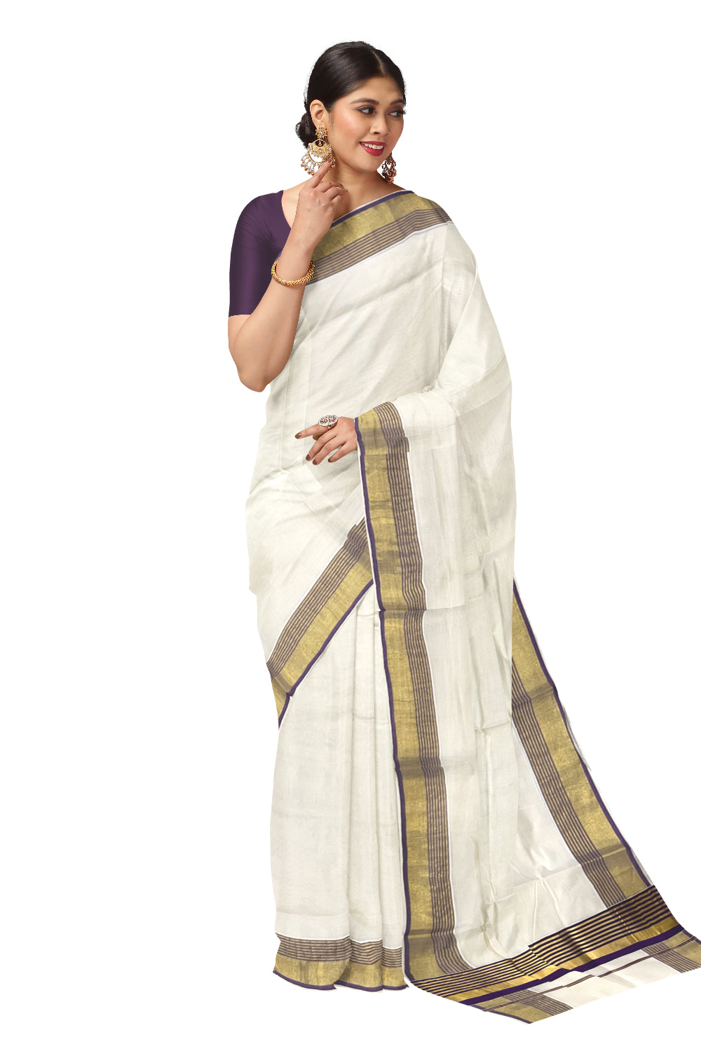 Kerala Pure Cotton Saree with Kasavu and Violet Border