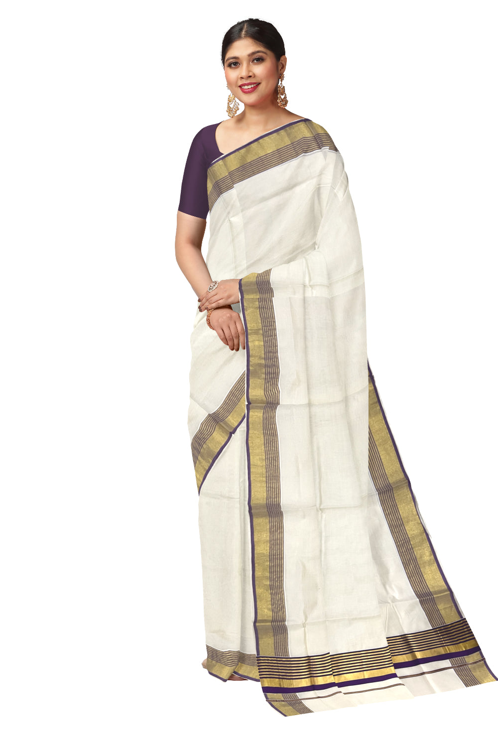 Kerala Pure Cotton Saree with Kasavu and Violet Border