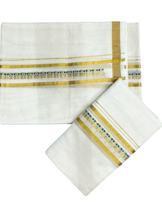 Southloom Premium Cotton Handloom Set Mundu With Peacock Green Woven Dots Design And Golde Kasavu Border (2.80 Mtr) SL632