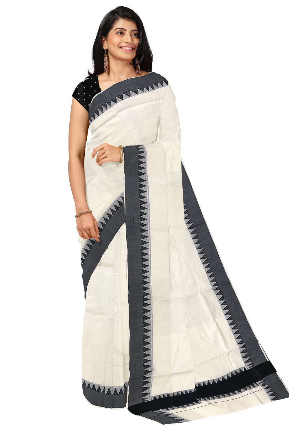 Buy mylooms Womens Kuthampully Cotton Printed Kerala Saree Silver Black Set  saree at Amazon.in