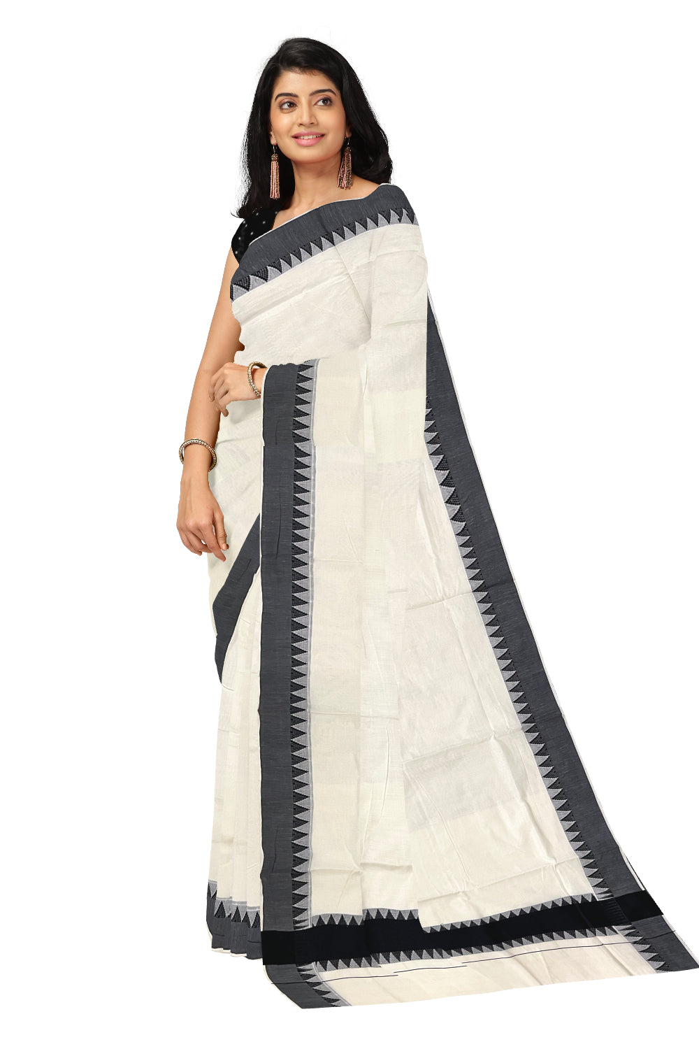 Pure Cotton Kerala Saree with Black Woven Temple Border