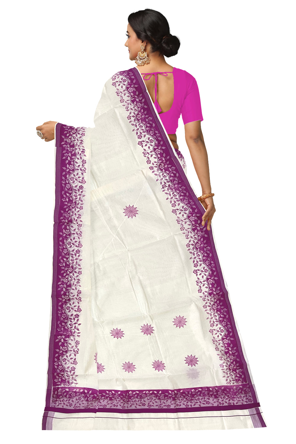 Kerala Cotton Saree with Magenta Floral Block Prints on Border (Onam Saree 2023)