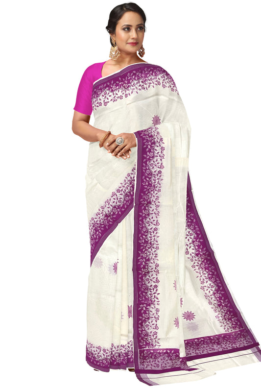 Kerala Cotton Saree with Magenta Floral Block Prints on Border (Onam Saree 2023)